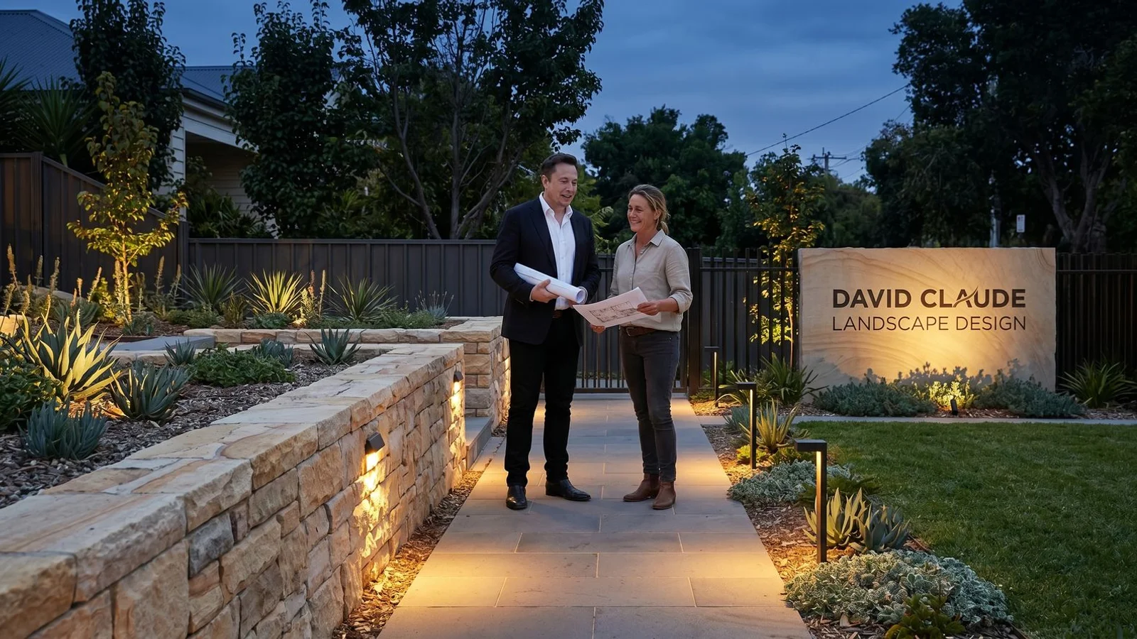 Garden lit at dusk with layered lighting zones
